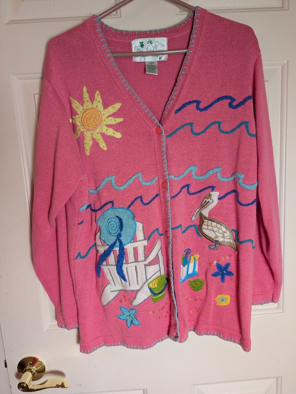 Vintage Quaker Factory Beach Embroidered Sweater Size L